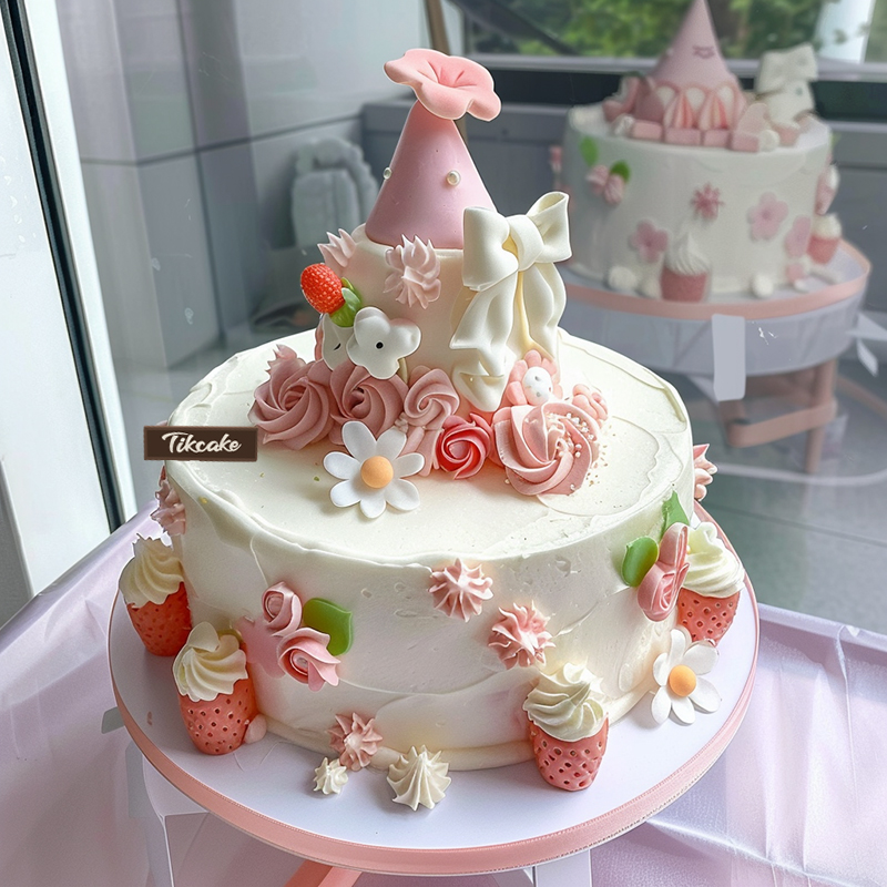 原创可爱草莓主题翻糖鲜奶蛋糕