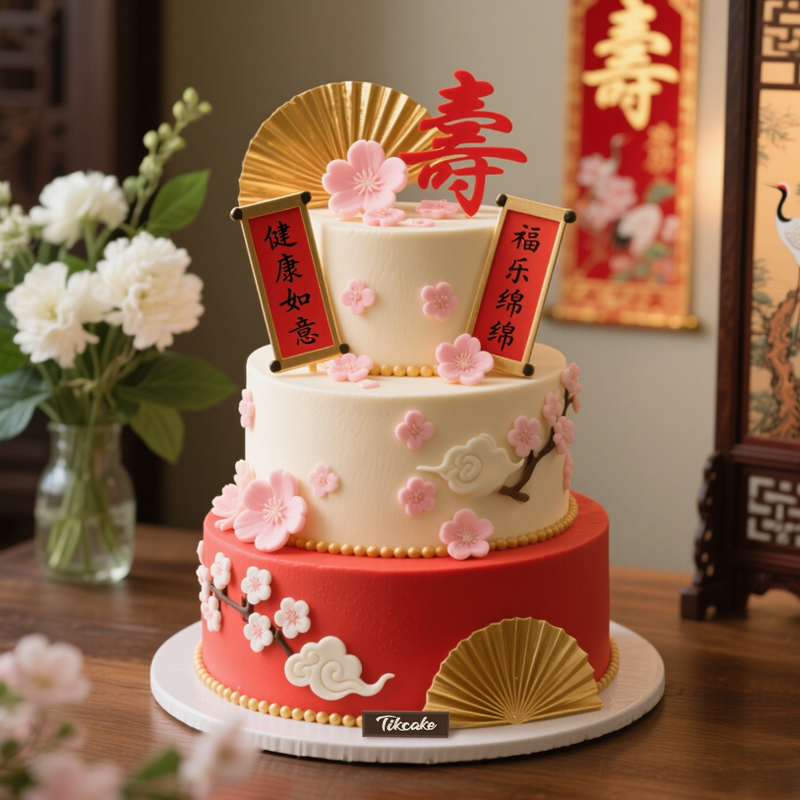 原创祝寿主题三层鲜奶蛋糕