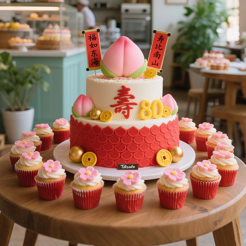 原创祝寿主题双层鲜奶蛋糕（含14个纸杯蛋糕）